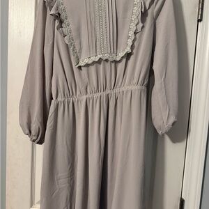 NWOT Elegant Gray Dress with Lace Trim L